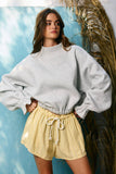 IT2995 Ruffled cuff Detail Mock-neck Crop Terry Sweatshirt