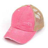 C.C Washed Denim with Crossed Elastic Band Mesh Pony Cap