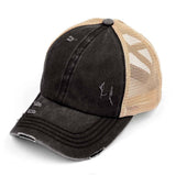 C.C Washed Denim with Crossed Elastic Band Mesh Pony Cap