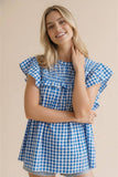 Frilled Mock Neck Shirred Yoke Gingham Blouse
