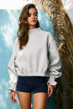 IT2995 Ruffled cuff Detail Mock-neck Crop Terry Sweatshirt