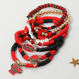 7PCS - Football Charm Star GAME DAY Message Heishi Beaded Stretch Multi Layered Bracelets