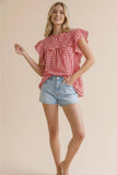 Frilled Mock Neck Shirred Yoke Gingham Blouse