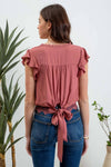 SCALLOP LACE TRIM BACK TIE SHORT SLEEVE CROP TOP