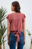 SCALLOP LACE TRIM BACK TIE SHORT SLEEVE CROP TOP