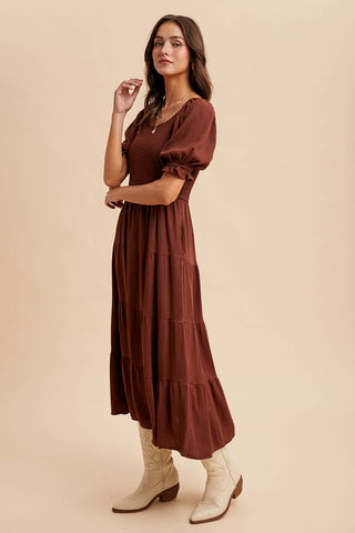SMOCKED TIERED MAXI DRESS