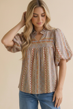 Notch Neck Bubble Sleeve Bohemian Blouse