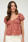 EMBROIDERED DAISY PUFF SLEEVE PLEATED BLOUSE