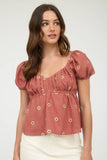 EMBROIDERED DAISY PUFF SLEEVE PLEATED BLOUSE