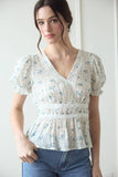 V NECK CROCHET LACE TRIM FLORAL TOP