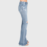 P586MF-MD MID RISE STRETCH FLARE JEANWITH FRAYED TROUSER HEM