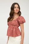 EMBROIDERED DAISY PUFF SLEEVE PLEATED BLOUSE