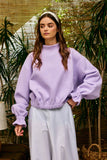 IT2995 Ruffled cuff Detail Mock-neck Crop Terry Sweatshirt