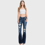 Petite Distressed Mid Rise Stretch Flare