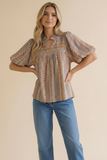 Notch Neck Bubble Sleeve Bohemian Blouse
