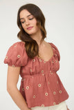 EMBROIDERED DAISY PUFF SLEEVE PLEATED BLOUSE