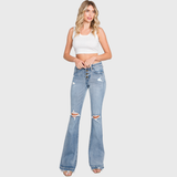 P586MF-MD MID RISE STRETCH FLARE JEANWITH FRAYED TROUSER HEM