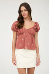 EMBROIDERED DAISY PUFF SLEEVE PLEATED BLOUSE