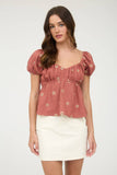 EMBROIDERED DAISY PUFF SLEEVE PLEATED BLOUSE