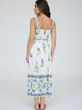 Floral Border Pattern Belt Strap Midi Dress