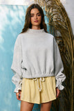 IT2995 Ruffled cuff Detail Mock-neck Crop Terry Sweatshirt