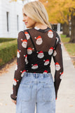 Christmas Santa Print Mesh Long Sleeve Top