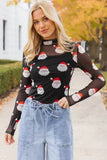 Christmas Santa Print Mesh Long Sleeve Top