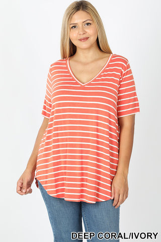 Plus Striped V-Neck Short Sleeve Top