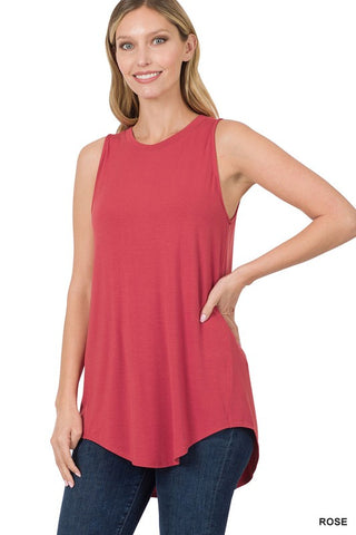 LUXE RAYON SLEEVELESS ROUND NECK HI-LOW HEM TOP