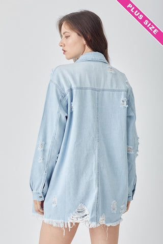 Plus Distressed Relaxed Fit Denim Shirt