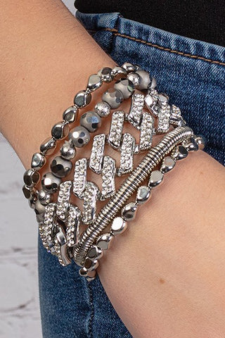 Silver Crystal Beaded Stacked Bracelet