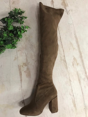 taupe suede knee covering boot