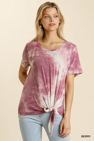 Tie Dye Round Neck Short Sleeve Top with Front Tie-able Knot